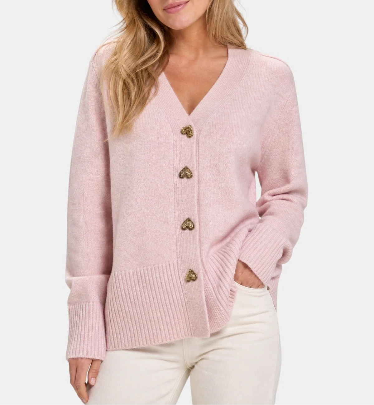 Elodie | Women's V-Neck Button-Up Knit Cardigan with Heart Buttons, Ribbed Cuffs & Feminine Fit
