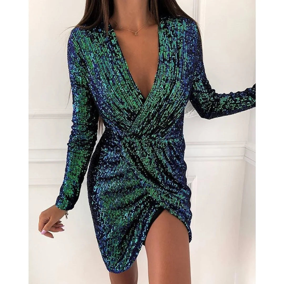 Isolde | Women's Sequin Wrap Mini Dress – Long Sleeve Deep V-Neck Asymmetric Party Cocktail Dress