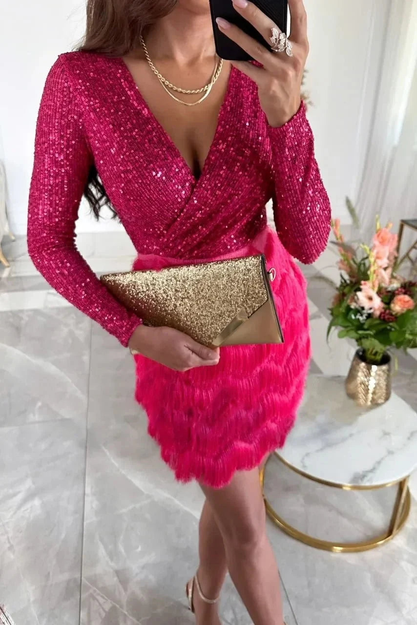 Seraphine | Women's Sequin & Feather Mini Dress – Long Sleeve Wrap V-Neck Party Cocktail Dress