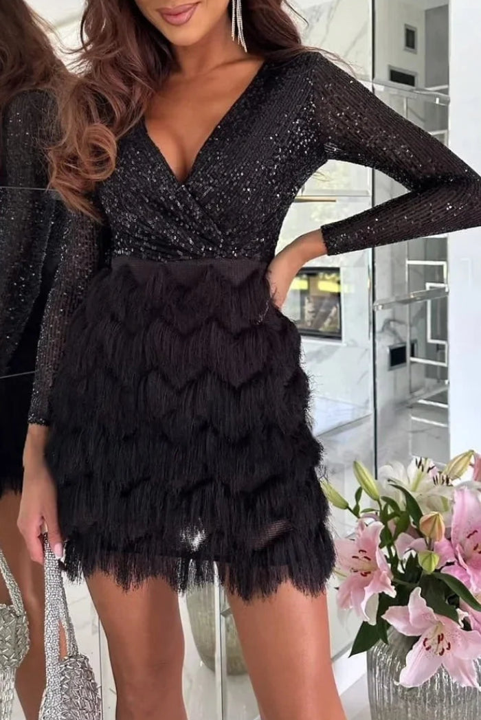 Seraphine | Women's Sequin & Feather Mini Dress – Long Sleeve Wrap V-Neck Party Cocktail Dress