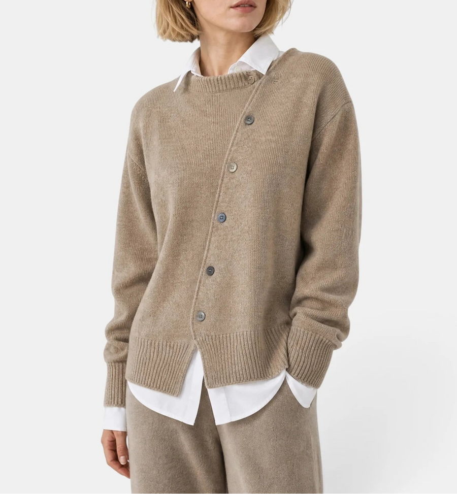 Mirelle | Women's Asymmetric Button-Up Cardigan with Long Sleeves, Relaxed Fit & Draped Silhouette