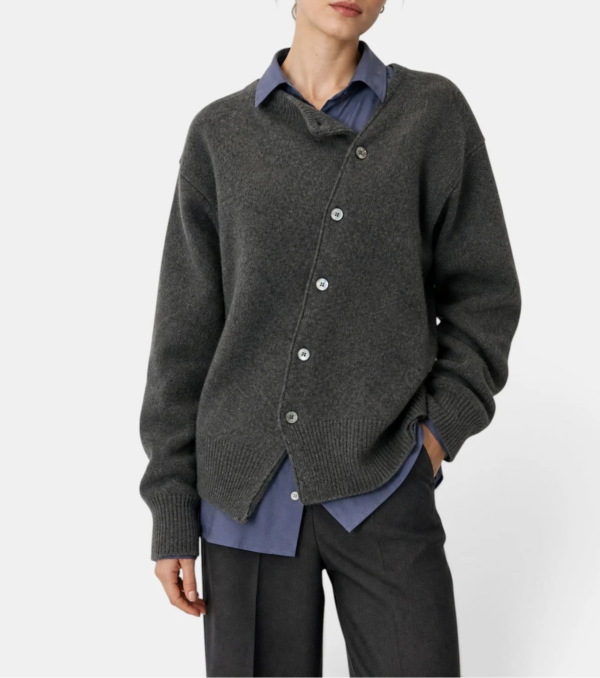 Mirelle | Women's Asymmetric Button-Up Cardigan with Long Sleeves, Relaxed Fit & Draped Silhouette