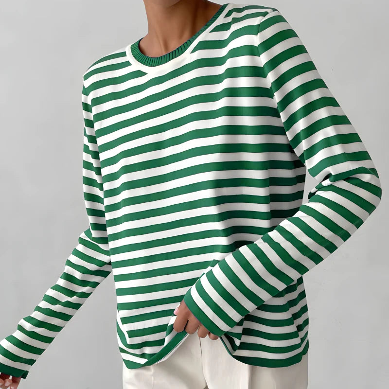Coralie | Women's Striped Long-Sleeve Top – Relaxed Crew Neck Casual Everyday Pullover