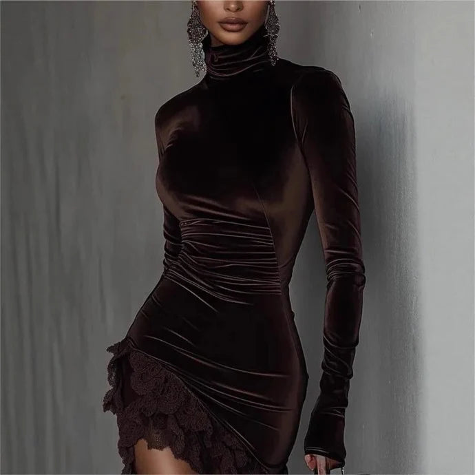 Vespera | Women's Roll Neck Velvet Dress