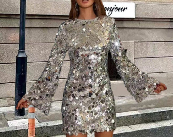 Vivienne | Women's Sequin Mini Dress with Trumpet Sleeves, Round Neck & Fitted Party Silhouette