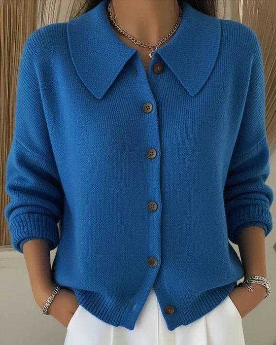 Celeste | Women's Wide Collar Knit Cardigan with Natural Wood-Tone Buttons, Relaxed Fit & Hip-Length Design