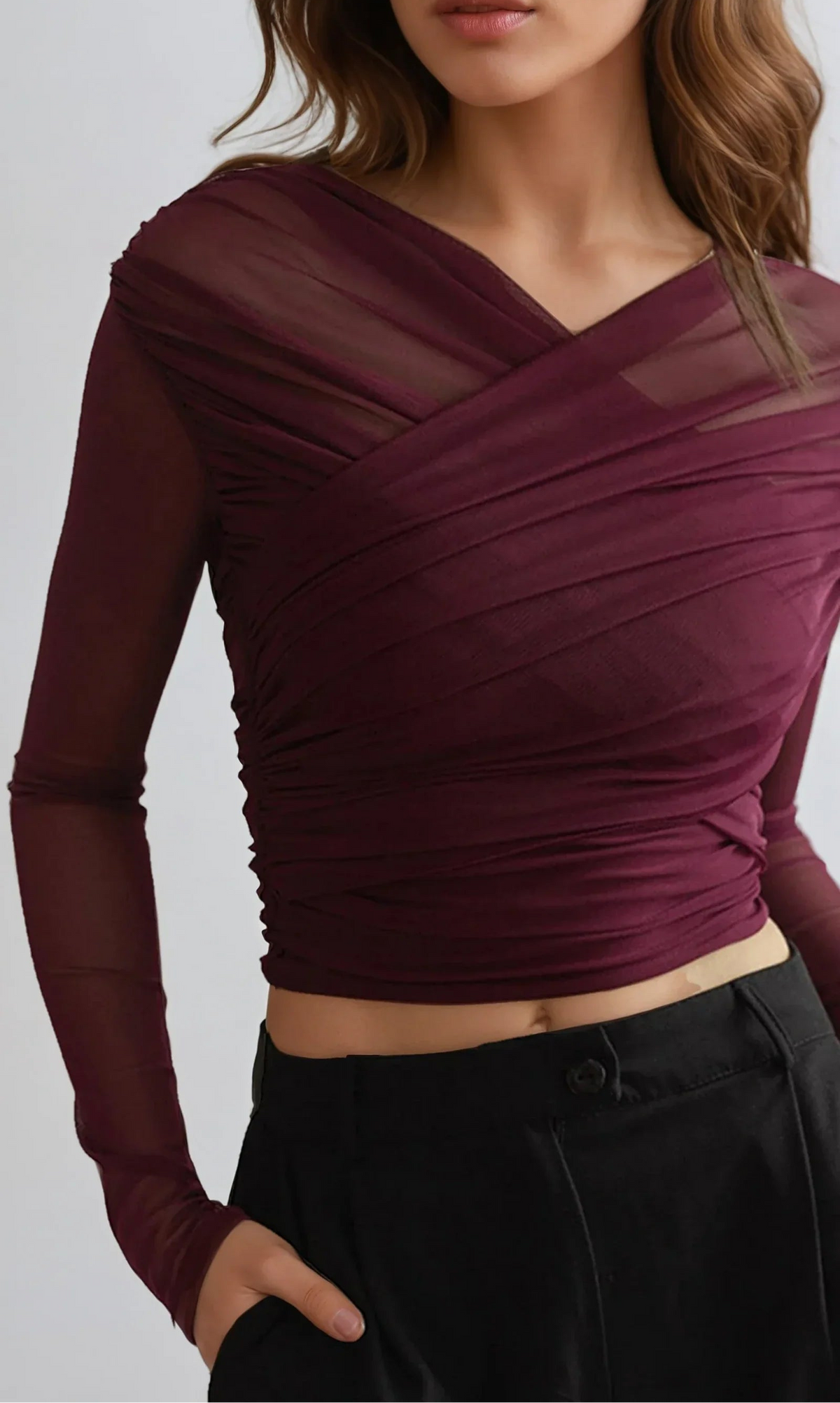 Solene | Women's Sheer Pleated Long-Sleeve Top with Fitted Silhouette & Textured Finish