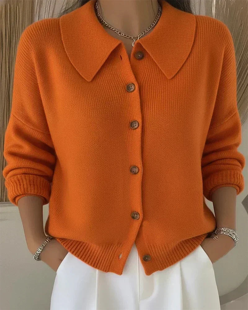 Celeste | Women's Wide Collar Knit Cardigan with Natural Wood-Tone Buttons, Relaxed Fit & Hip-Length Design