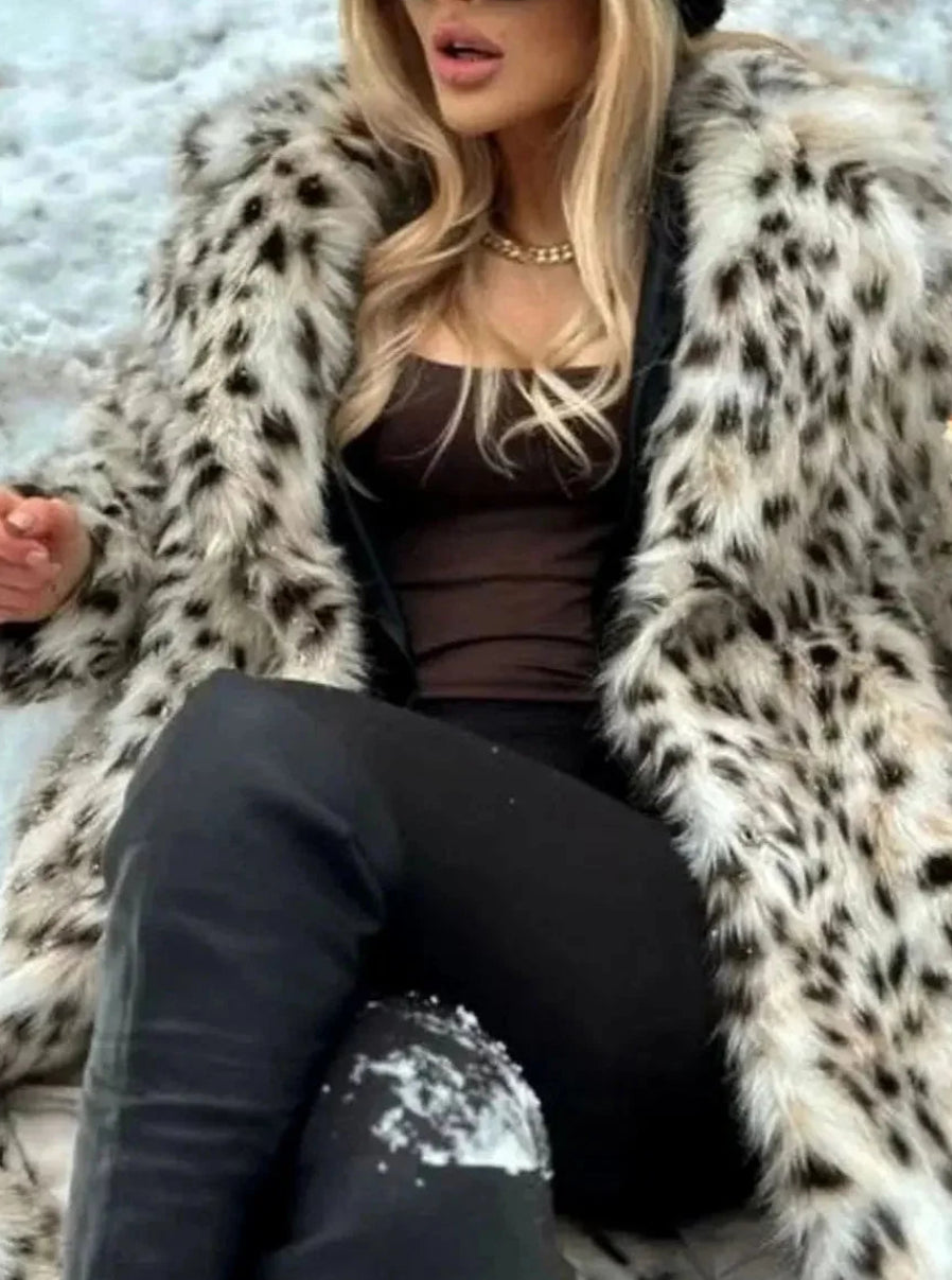 Lucienne | Women's Leopard Faux Fur Maxi Coat – Hooded Longline Winter Coat with Concealed Front Fastening