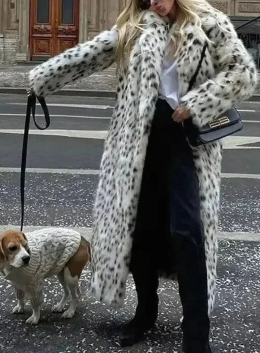 Lucienne | Women's Leopard Faux Fur Maxi Coat – Hooded Longline Winter Coat with Concealed Front Fastening