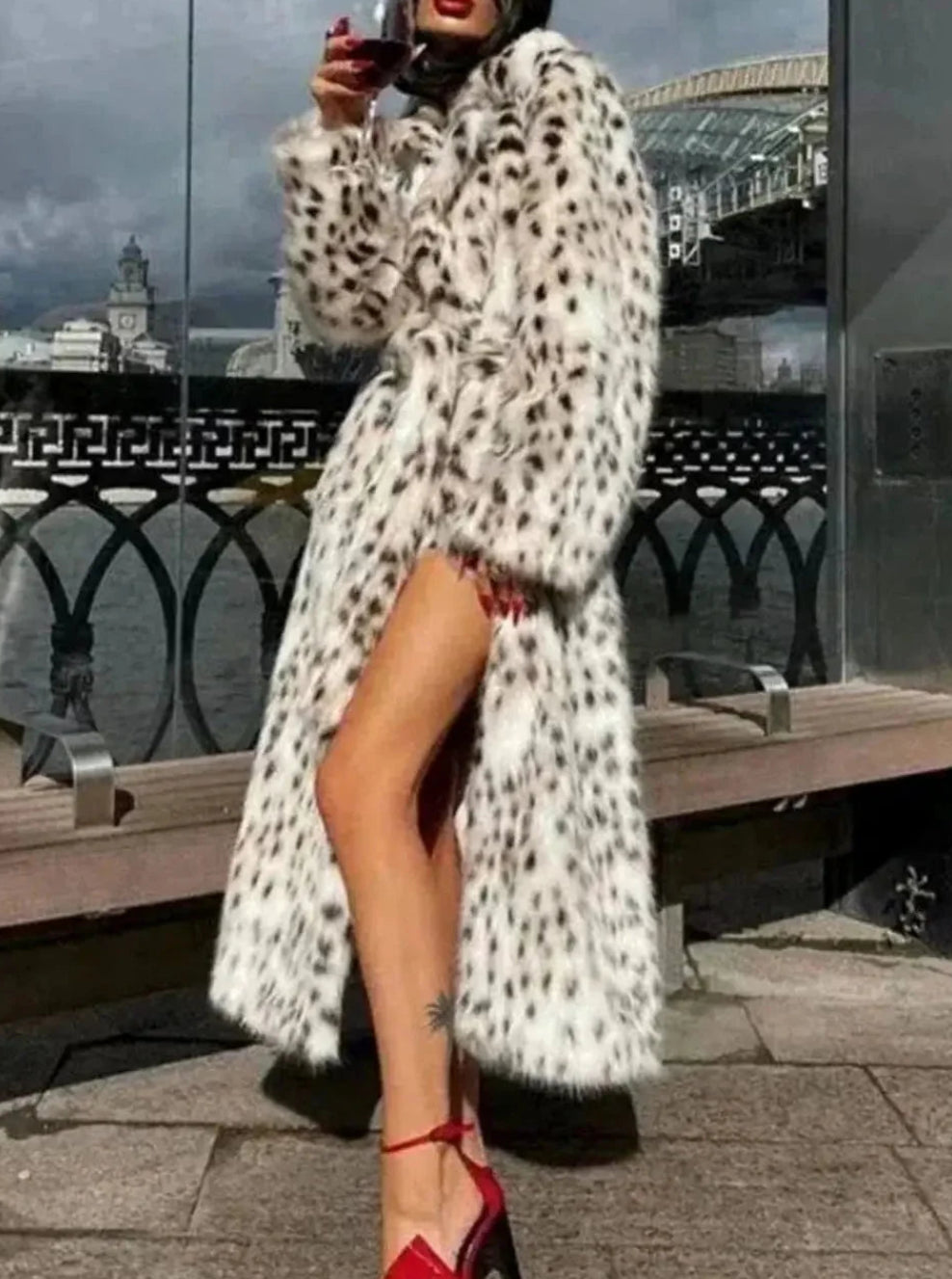 Lucienne | Women's Leopard Faux Fur Maxi Coat – Hooded Longline Winter Coat with Concealed Front Fastening